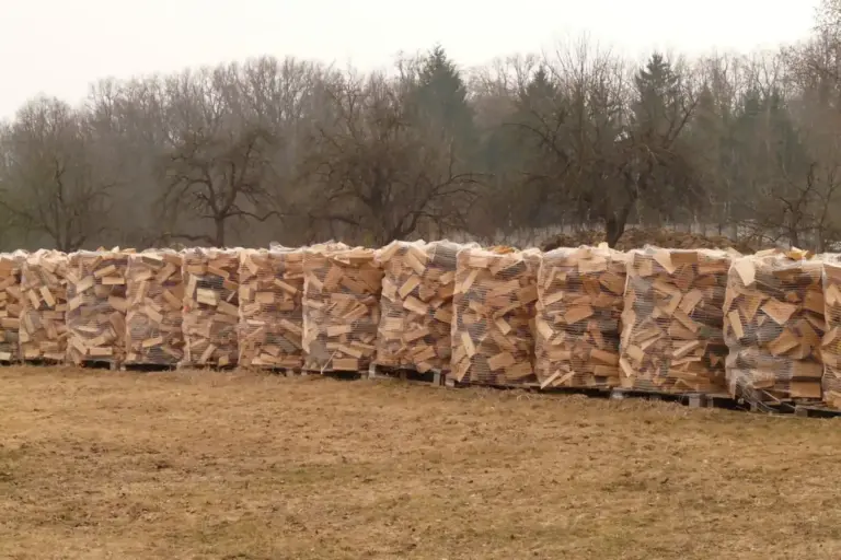 Fila de palés de leña partida envuelta en malla, listos para la entrega