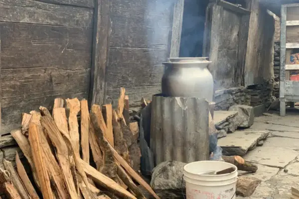 Leña partida apilada junto a una estufa
